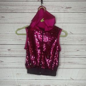 Kids Girls Hoodie Dance Top Sequins Crop Top zip up hooded pink Bling sz 8-10
